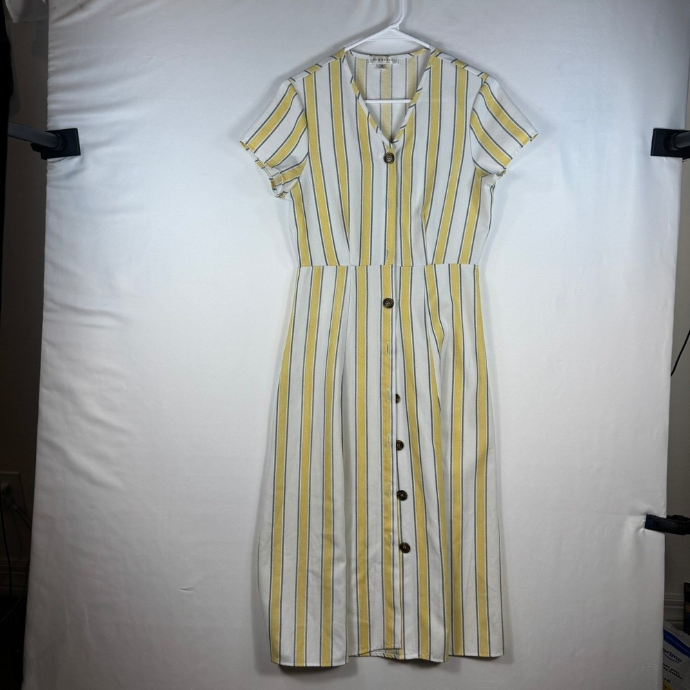Downeast Women XS Yellow White Striped Button Front V-Neck Midi Dress DB19060036